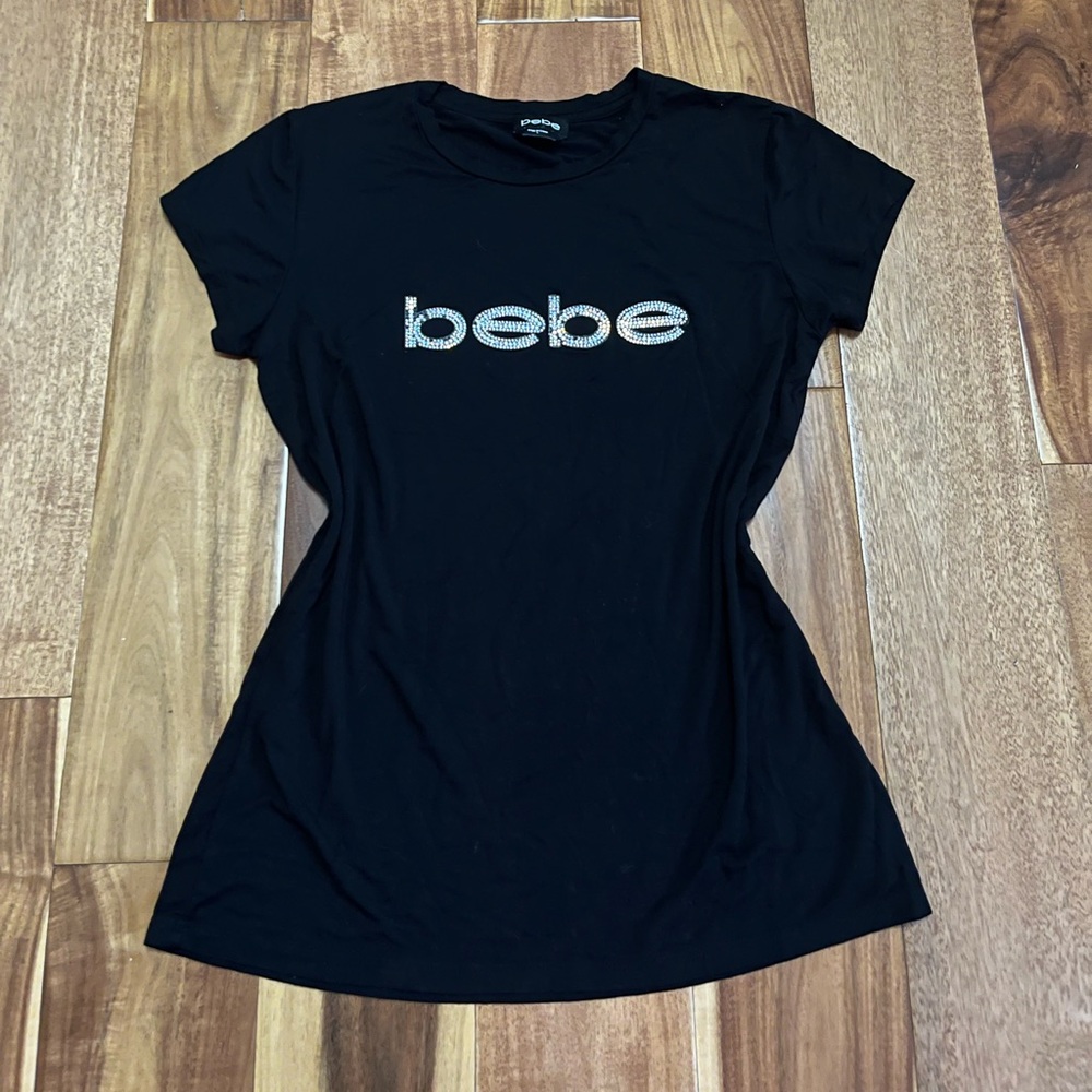 Bebe Black Short Sleeve Tee with Rhinestone Logo